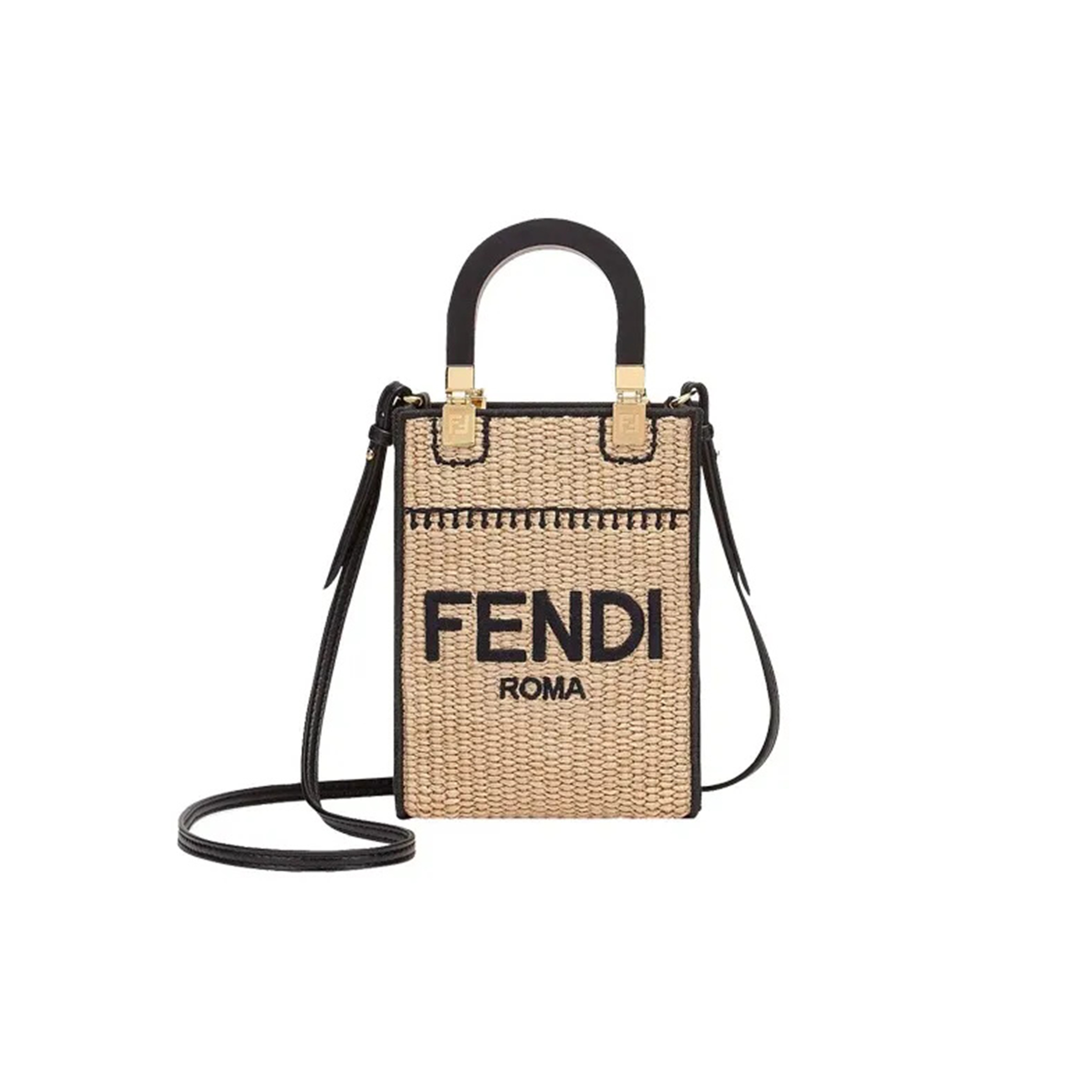 FENDI SUNSHINE MINI STRAW & LEATHER TOTE 8BS051AFQPF0VPJ (18*13*6cm)